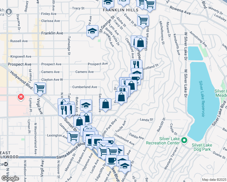 map of restaurants, bars, coffee shops, grocery stores, and more near 3848 Clayton Avenue West in Los Angeles