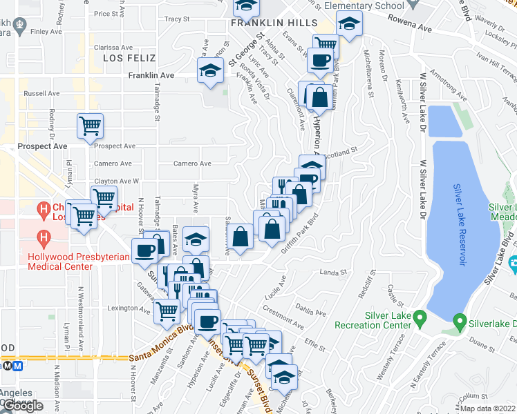 map of restaurants, bars, coffee shops, grocery stores, and more near 3848 Clayton Avenue West in Los Angeles