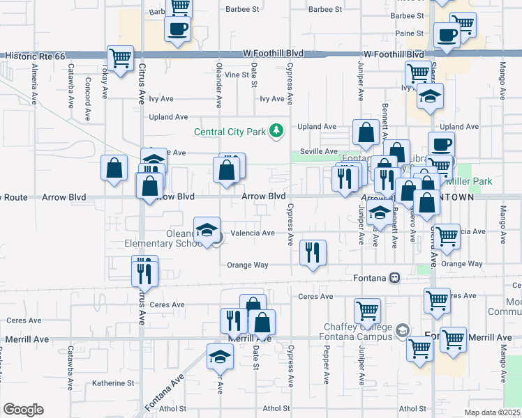 map of restaurants, bars, coffee shops, grocery stores, and more near in Fontana