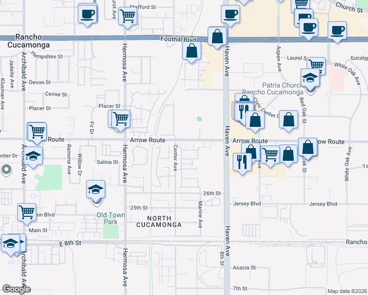 map of restaurants, bars, coffee shops, grocery stores, and more near 10326 Sparkling Drive in Rancho Cucamonga