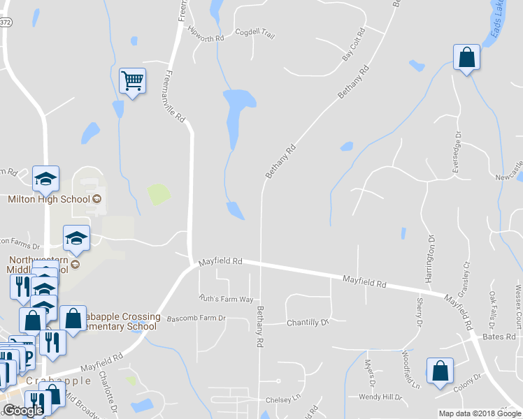 map of restaurants, bars, coffee shops, grocery stores, and more near 13005 Bethany Bend in Milton