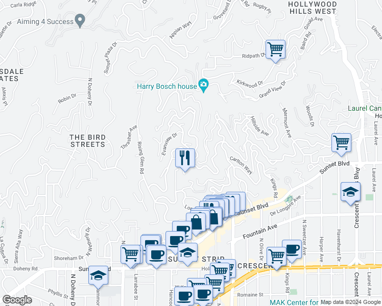 map of restaurants, bars, coffee shops, grocery stores, and more near 1528 Forest Knoll Drive in Los Angeles