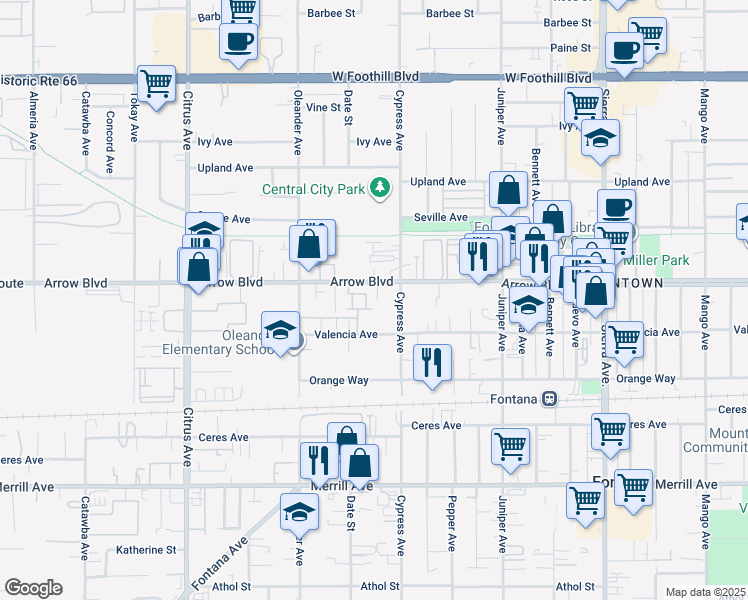 map of restaurants, bars, coffee shops, grocery stores, and more near 16447 Arrow Boulevard in Fontana