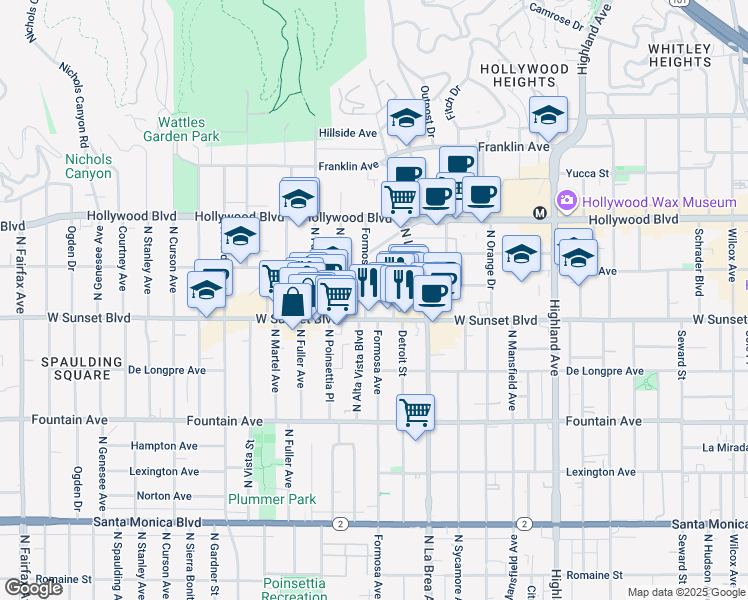 map of restaurants, bars, coffee shops, grocery stores, and more near 1522 North Formosa Avenue in Los Angeles