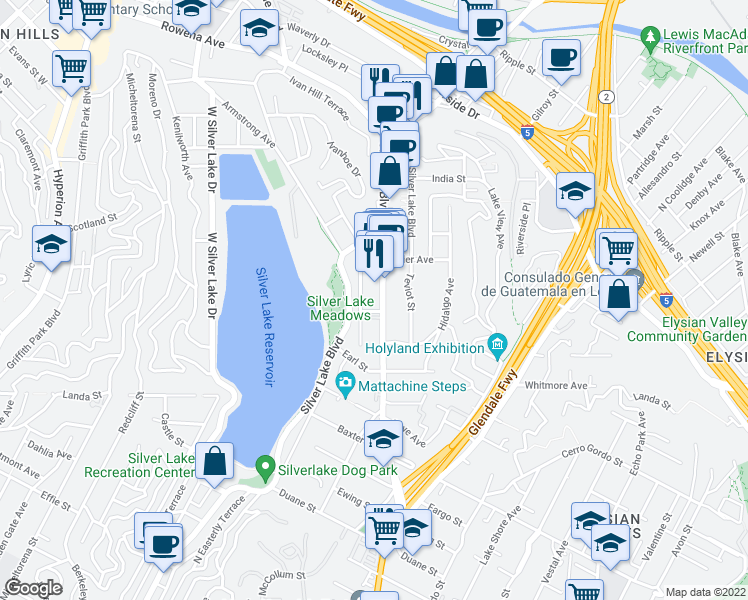 map of restaurants, bars, coffee shops, grocery stores, and more near 2349 Glendale Boulevard in Los Angeles