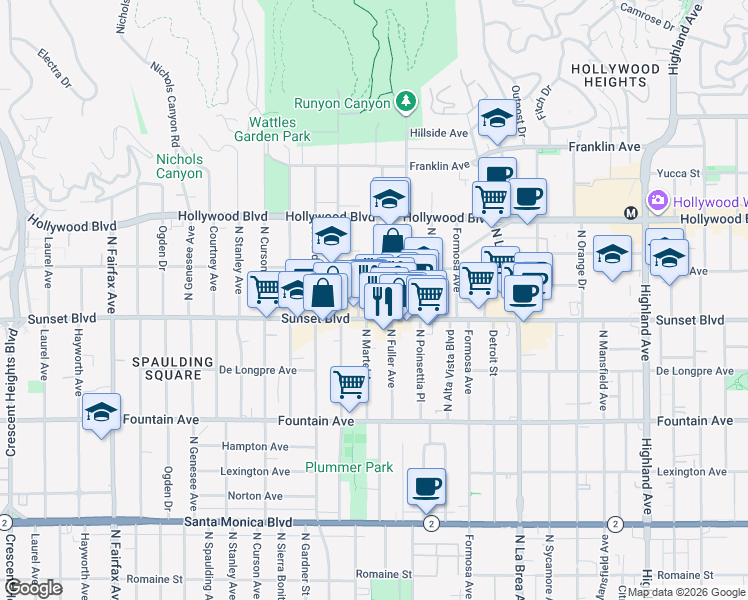 map of restaurants, bars, coffee shops, grocery stores, and more near 1519 North Martel Avenue in Los Angeles
