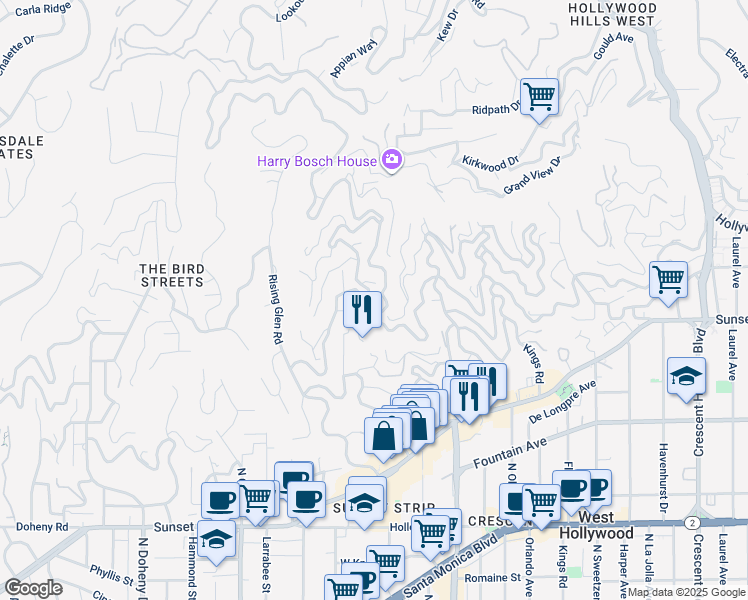 map of restaurants, bars, coffee shops, grocery stores, and more near 1528 Forest Knoll Drive in Los Angeles