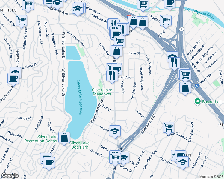 map of restaurants, bars, coffee shops, grocery stores, and more near 2349 Glendale Boulevard in Los Angeles