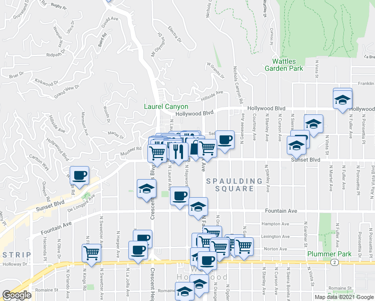 map of restaurants, bars, coffee shops, grocery stores, and more near 1519 North Hayworth Avenue in Los Angeles