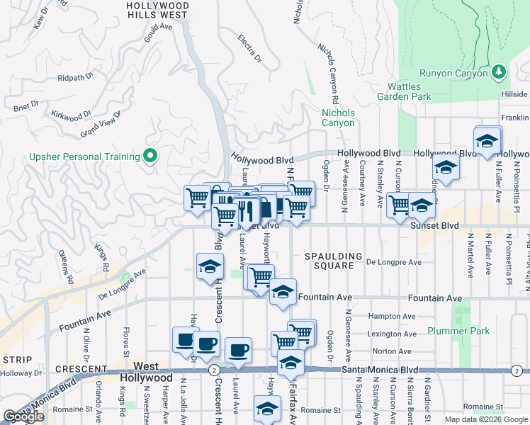 map of restaurants, bars, coffee shops, grocery stores, and more near 1525 Hayworth Avenue in Los Angeles