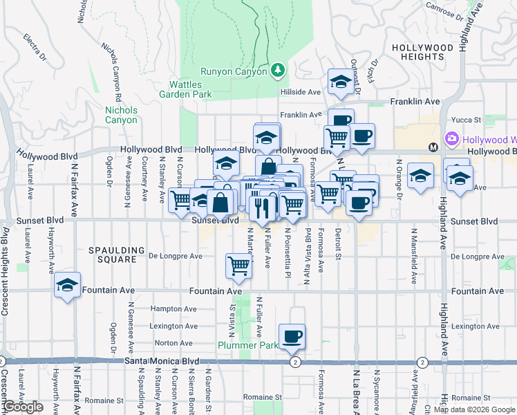 map of restaurants, bars, coffee shops, grocery stores, and more near 1519 North Martel Avenue in Los Angeles