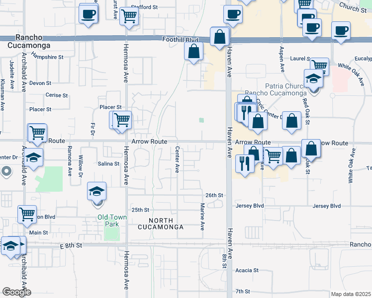 map of restaurants, bars, coffee shops, grocery stores, and more near 10326 Sparkling Drive in Rancho Cucamonga