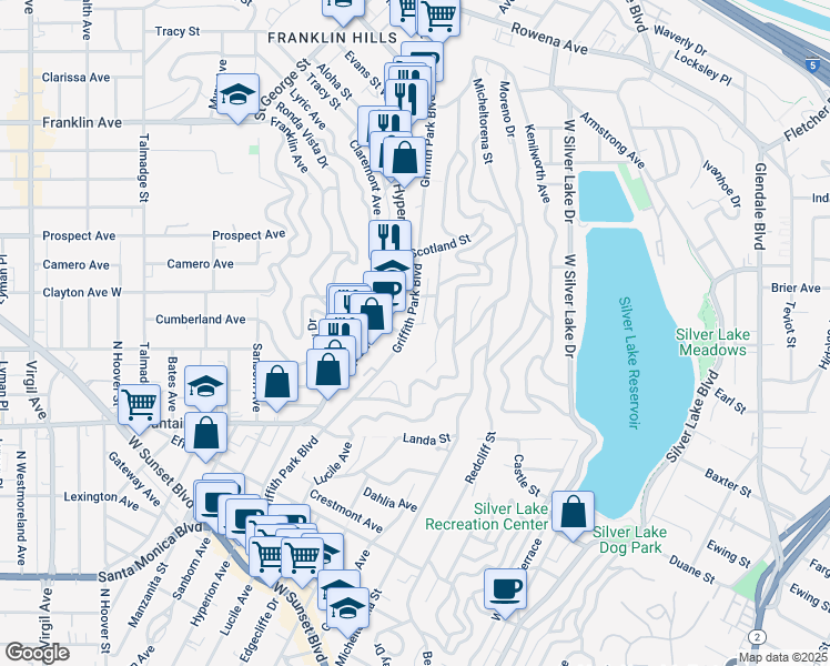 map of restaurants, bars, coffee shops, grocery stores, and more near 2100 Griffith Park Boulevard in Los Angeles