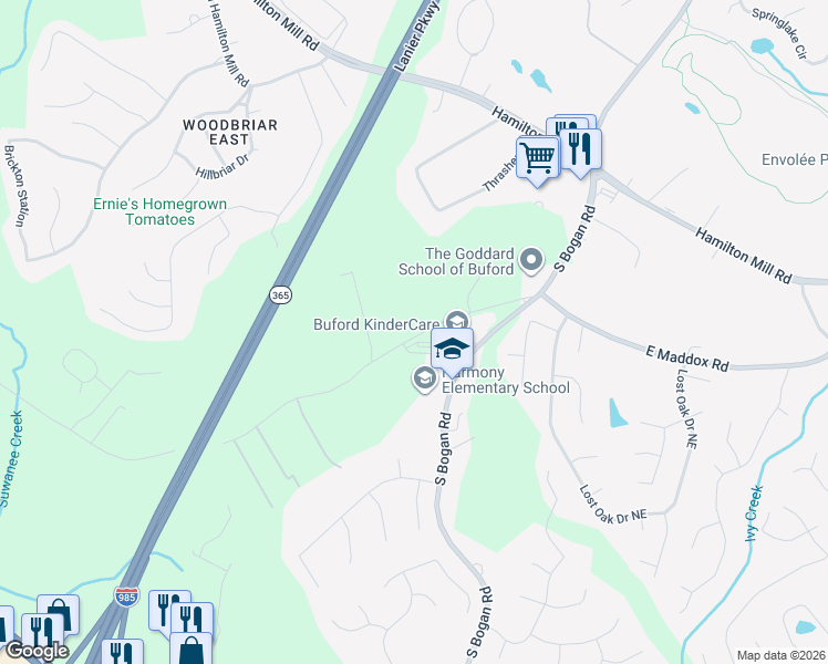 map of restaurants, bars, coffee shops, grocery stores, and more near 2325-2421 East Maddox Road in Buford