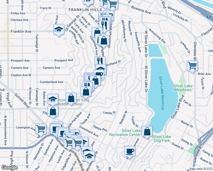 map of restaurants, bars, coffee shops, grocery stores, and more near 2100 Griffith Park Boulevard in Los Angeles