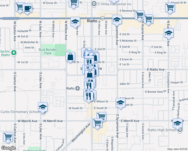 map of restaurants, bars, coffee shops, grocery stores, and more near 216 South Riverside Avenue in Rialto