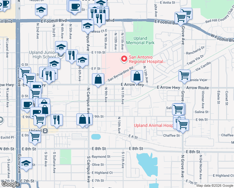 map of restaurants, bars, coffee shops, grocery stores, and more near 1051 East Washington Boulevard in Upland