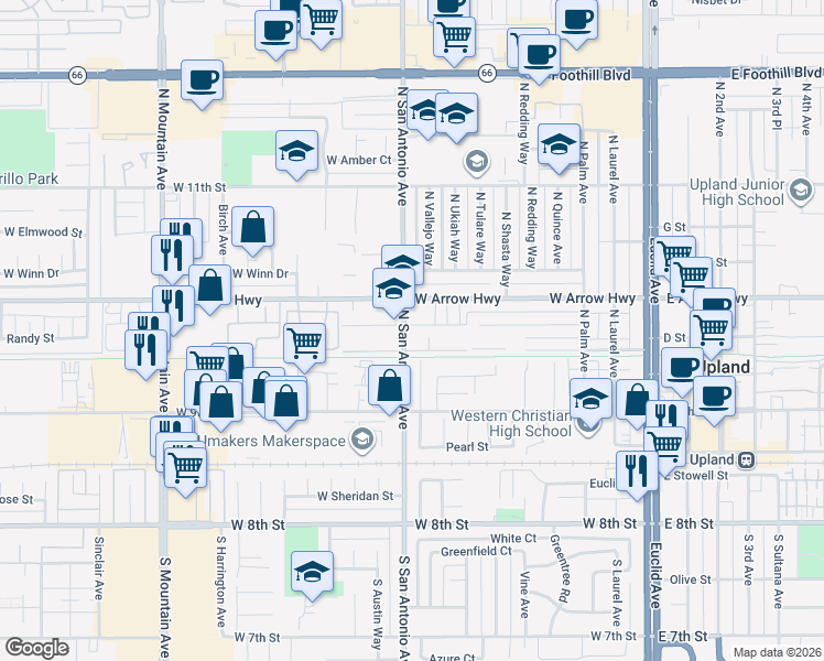 map of restaurants, bars, coffee shops, grocery stores, and more near 737 West Vernon Drive in Upland