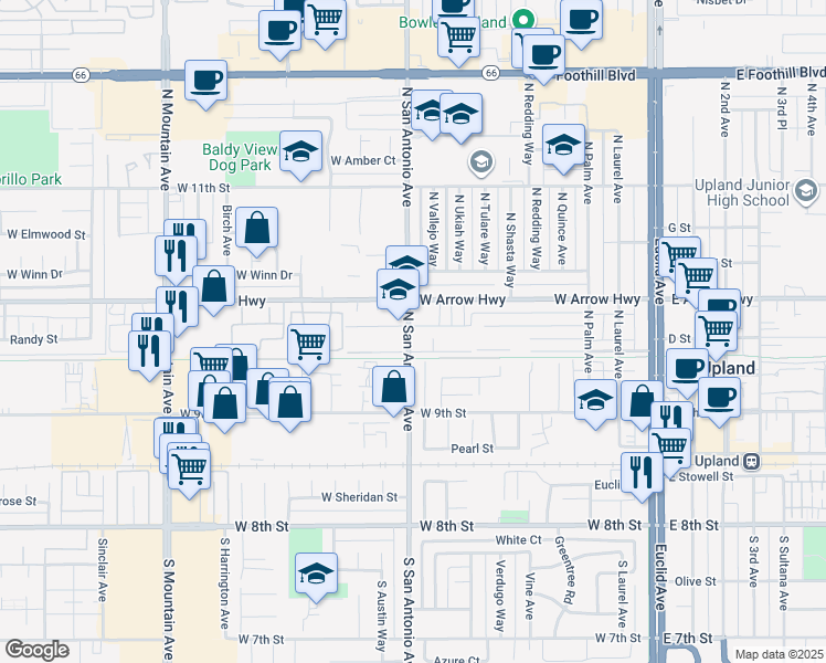 map of restaurants, bars, coffee shops, grocery stores, and more near 737 West Vernon Drive in Upland