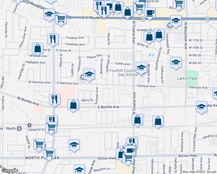 map of restaurants, bars, coffee shops, grocery stores, and more near 2870 Providence Way in Pomona