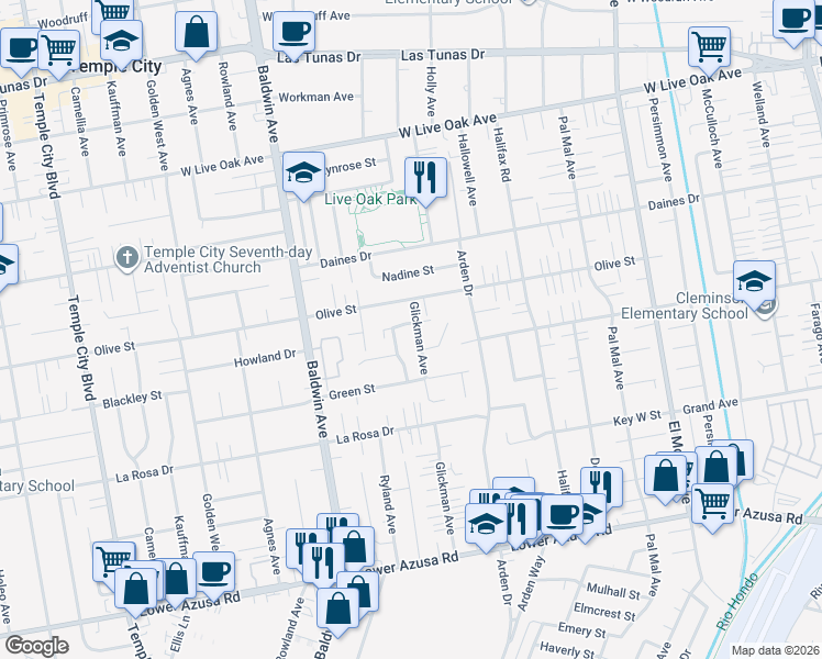 map of restaurants, bars, coffee shops, grocery stores, and more near 5301 Degas Avenue in Temple City