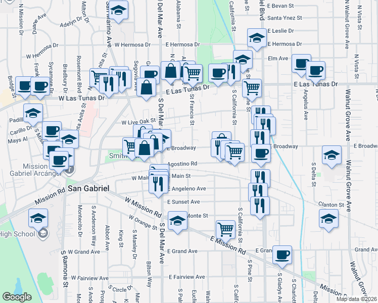 map of restaurants, bars, coffee shops, grocery stores, and more near 201 Agostino Road in San Gabriel