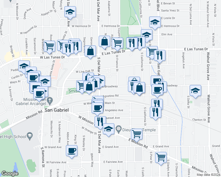 map of restaurants, bars, coffee shops, grocery stores, and more near 201 Agostino Road in San Gabriel