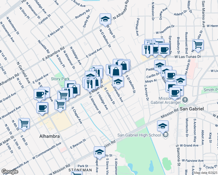 map of restaurants, bars, coffee shops, grocery stores, and more near 105 South Granada Avenue in Alhambra