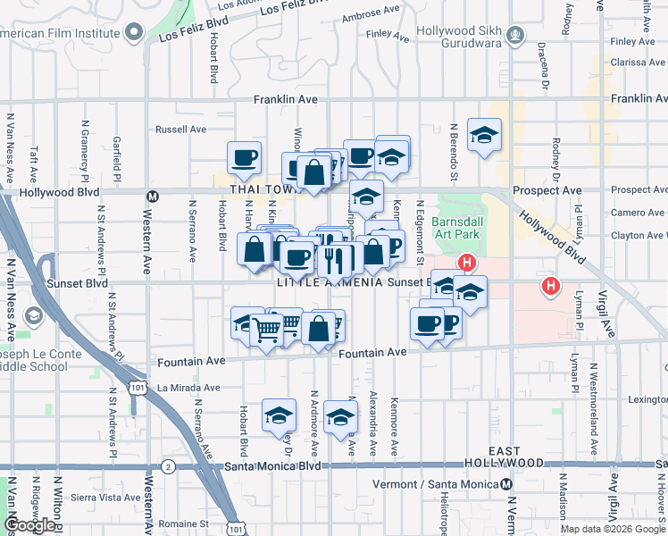 map of restaurants, bars, coffee shops, grocery stores, and more near 1516 North Normandie Avenue in Los Angeles