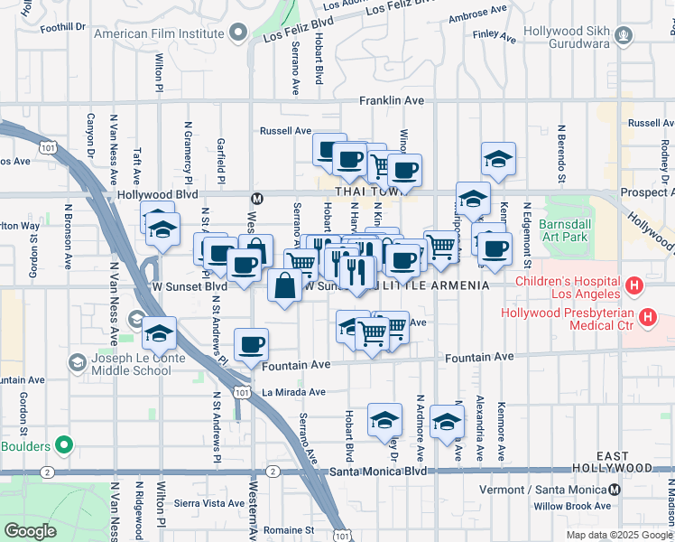 map of restaurants, bars, coffee shops, grocery stores, and more near 5270 Sunset Boulevard in Los Angeles