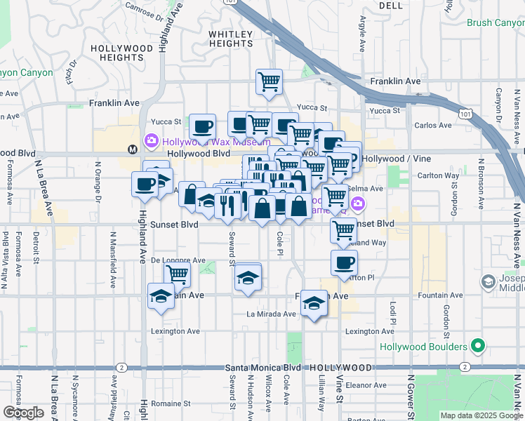 map of restaurants, bars, coffee shops, grocery stores, and more near in Los Angeles