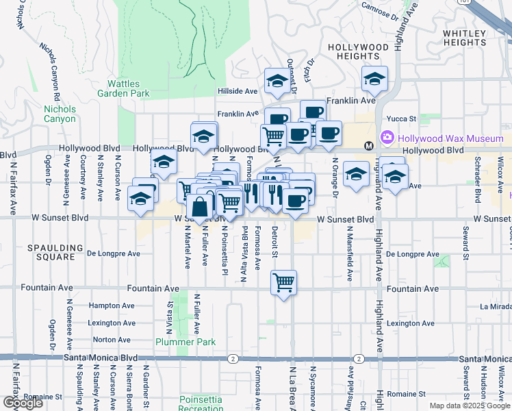 map of restaurants, bars, coffee shops, grocery stores, and more near 7190 Sunset Boulevard in Los Angeles