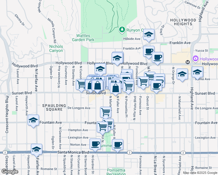 map of restaurants, bars, coffee shops, grocery stores, and more near 7405 Sunset Boulevard in Los Angeles