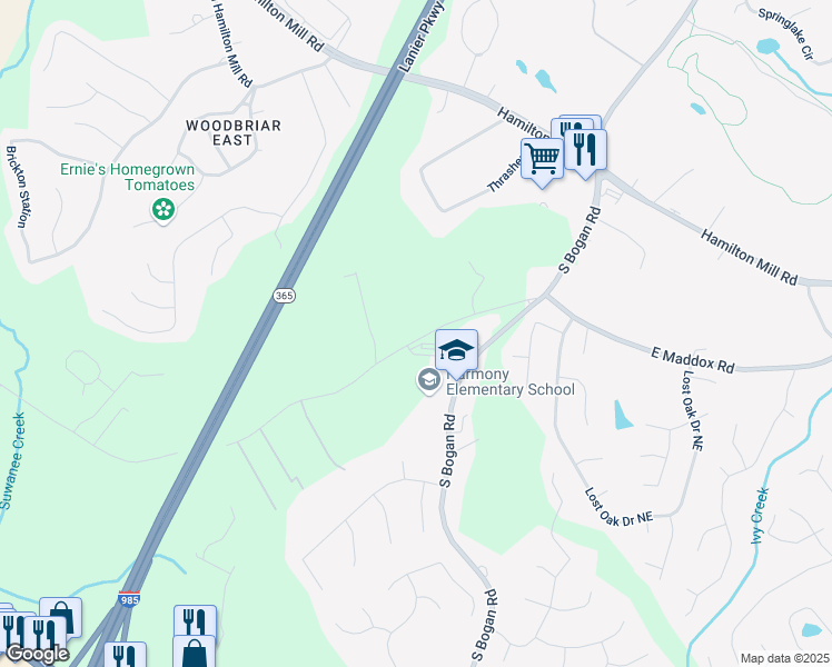 map of restaurants, bars, coffee shops, grocery stores, and more near 2346 East Maddox Road in Buford