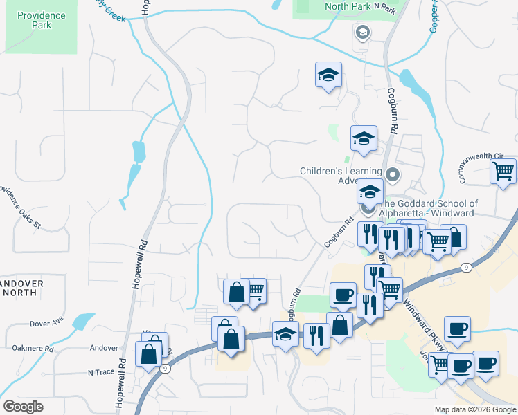 map of restaurants, bars, coffee shops, grocery stores, and more near 595 Tammany Pointe in Alpharetta