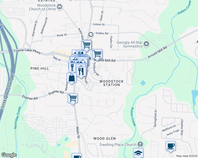 map of restaurants, bars, coffee shops, grocery stores, and more near 441 Latimer Street in Woodstock