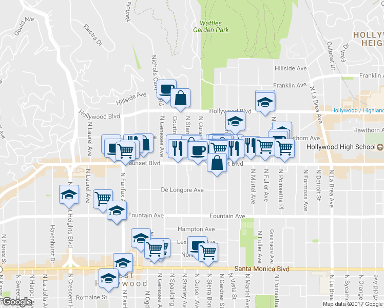 map of restaurants, bars, coffee shops, grocery stores, and more near 1518 North Stanley Avenue in Los Angeles