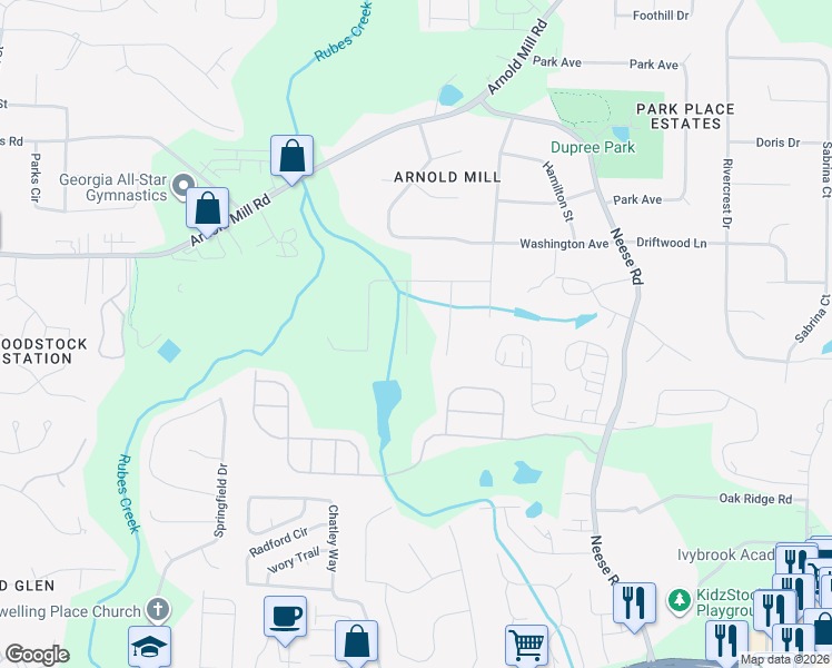 map of restaurants, bars, coffee shops, grocery stores, and more near 509 Revere Drive in Woodstock
