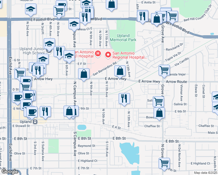 map of restaurants, bars, coffee shops, grocery stores, and more near 402 North 11th Avenue in Upland