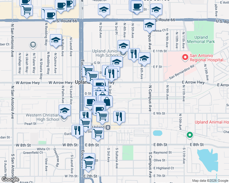 map of restaurants, bars, coffee shops, grocery stores, and more near 368 North 3rd Avenue in Upland