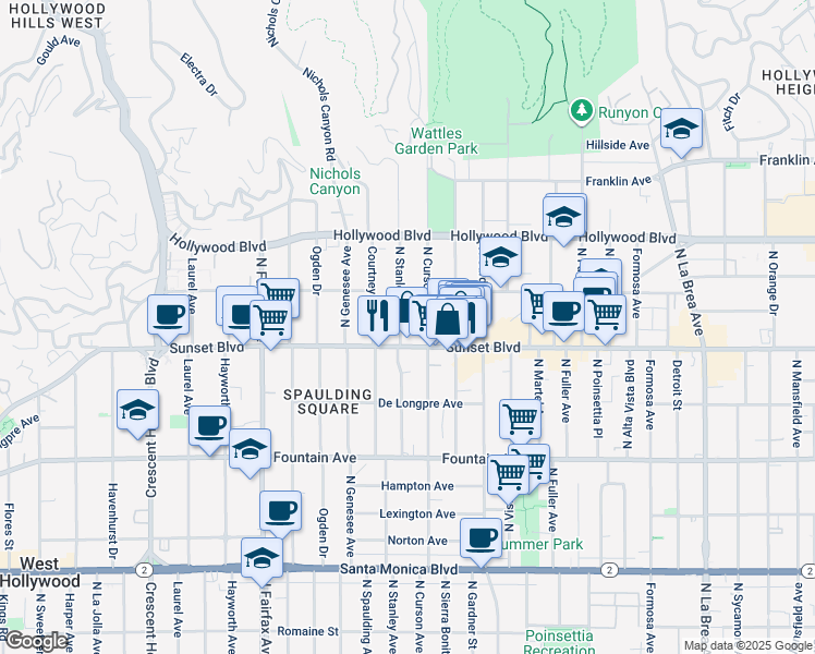 map of restaurants, bars, coffee shops, grocery stores, and more near 1518 North Stanley Avenue in Los Angeles