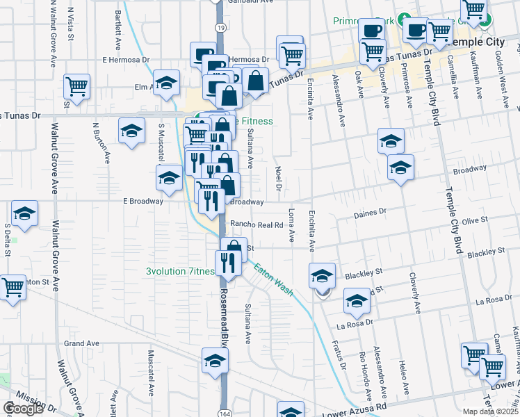 map of restaurants, bars, coffee shops, grocery stores, and more near 9069 Rancho Real Road in Temple City