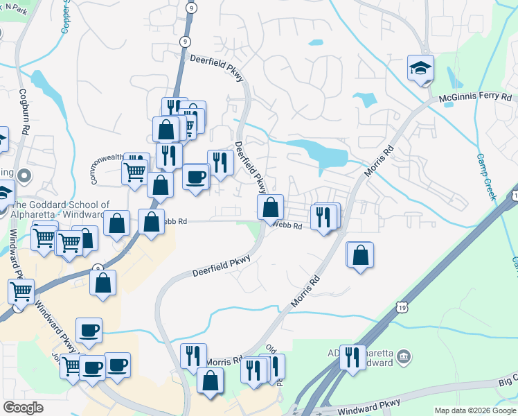 map of restaurants, bars, coffee shops, grocery stores, and more near 3301 Deerfield Parkway in Milton