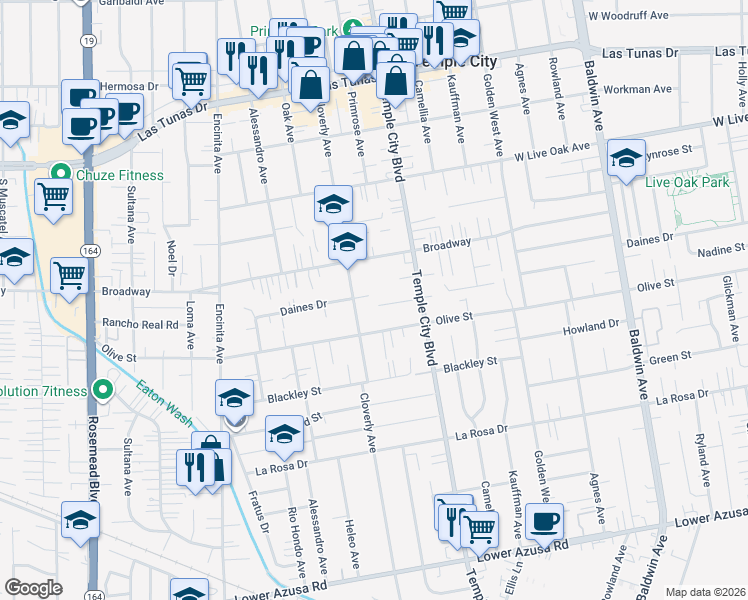 map of restaurants, bars, coffee shops, grocery stores, and more near 9521 Nadine Street in Temple City