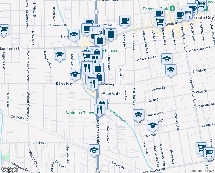 map of restaurants, bars, coffee shops, grocery stores, and more near 5463 Sultana Avenue in Temple City