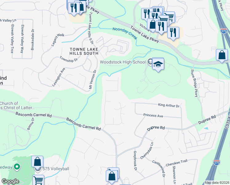 map of restaurants, bars, coffee shops, grocery stores, and more near 428 Hearthstone Way in Woodstock