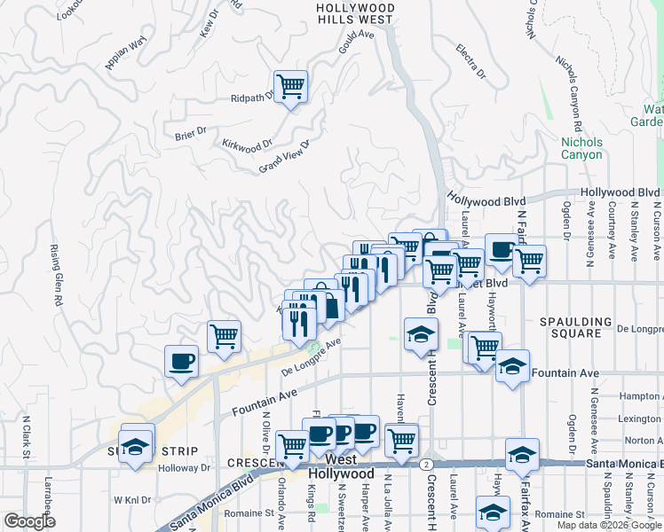 map of restaurants, bars, coffee shops, grocery stores, and more near 1527 Marmont Avenue in Los Angeles