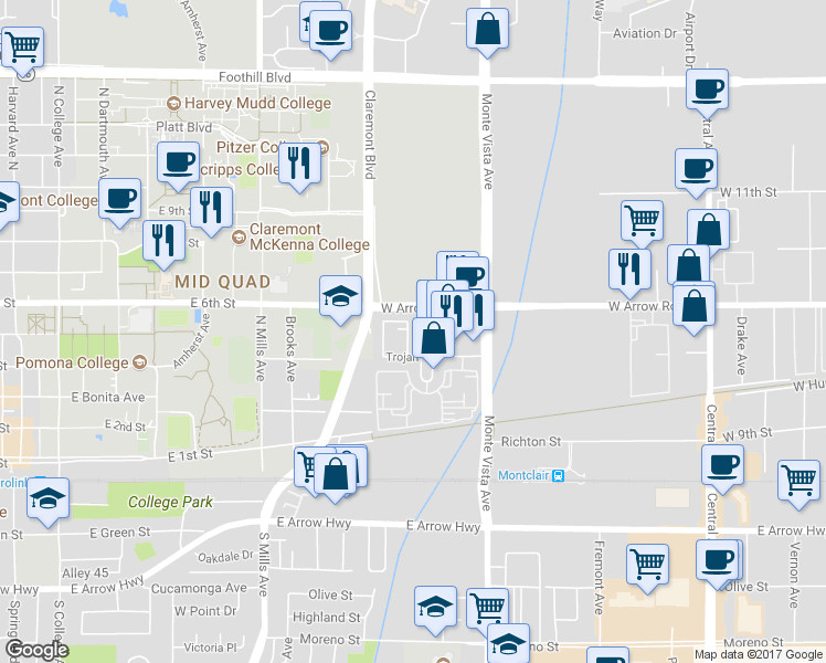 map of restaurants, bars, coffee shops, grocery stores, and more near 372 Cardinal Lane in Upland