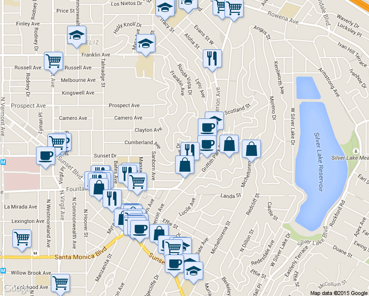map of restaurants, bars, coffee shops, grocery stores, and more near 3807 Sunset Drive in Los Angeles