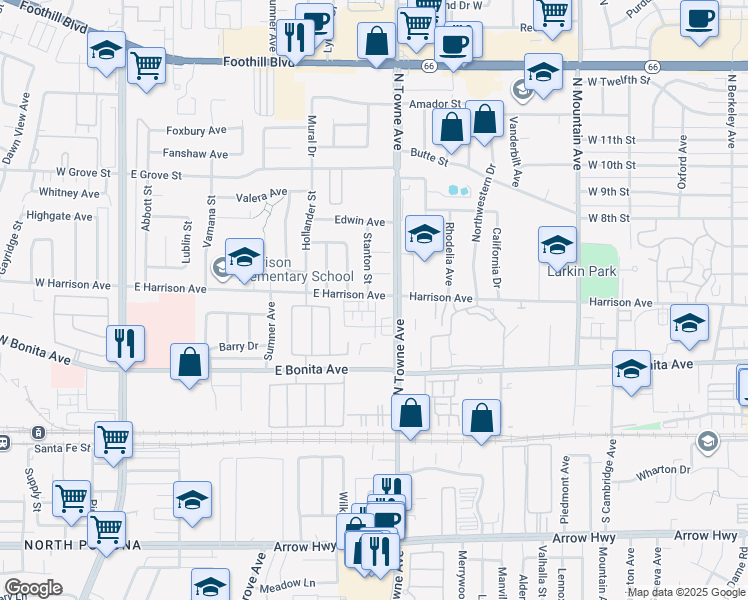 map of restaurants, bars, coffee shops, grocery stores, and more near 2895 Cedar Lane in Pomona